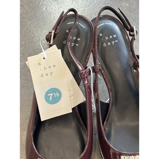 A New Day Burgundy Rhinestone Slingback Heels Memory Foam Pointed Toe 7.5