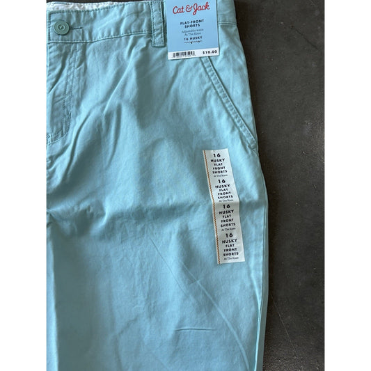 Cat & Jack Boys Blue Flat-Front Twill Shorts 16 Husky Adjustable Waist Pockets