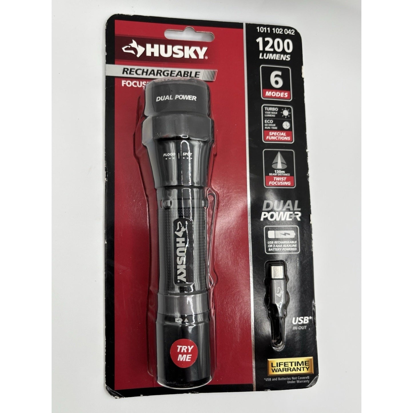 Husky 1200 Lumens Dual Power LED Rechargeable Focusing Flashlight