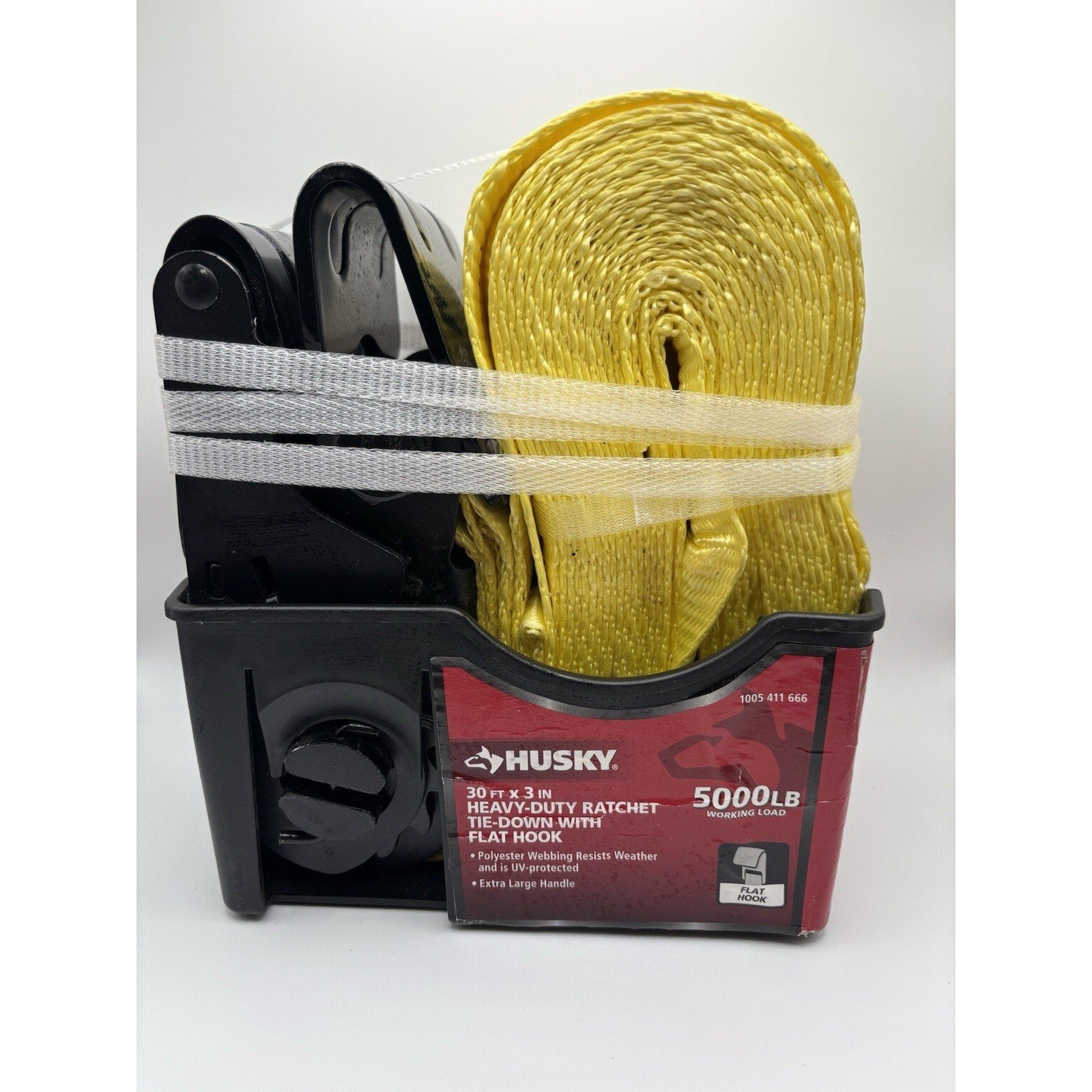 Husky 30 ft. x 3 in. Premium Heavy-Duty Ratchet Tie-Down Strap with Flat Hook