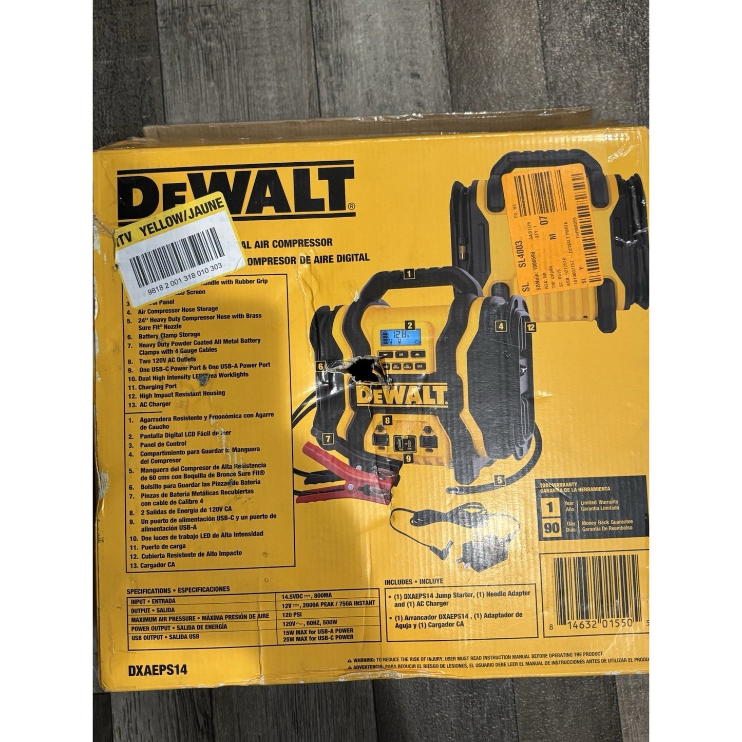 DEWALT Portable Power 2000 Peak Amp Jump Starter w/Digital Compressor NO CHARGER