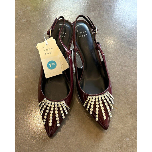 A New Day Burgundy Rhinestone Slingback Heels Memory Foam Pointed Toe 7.5