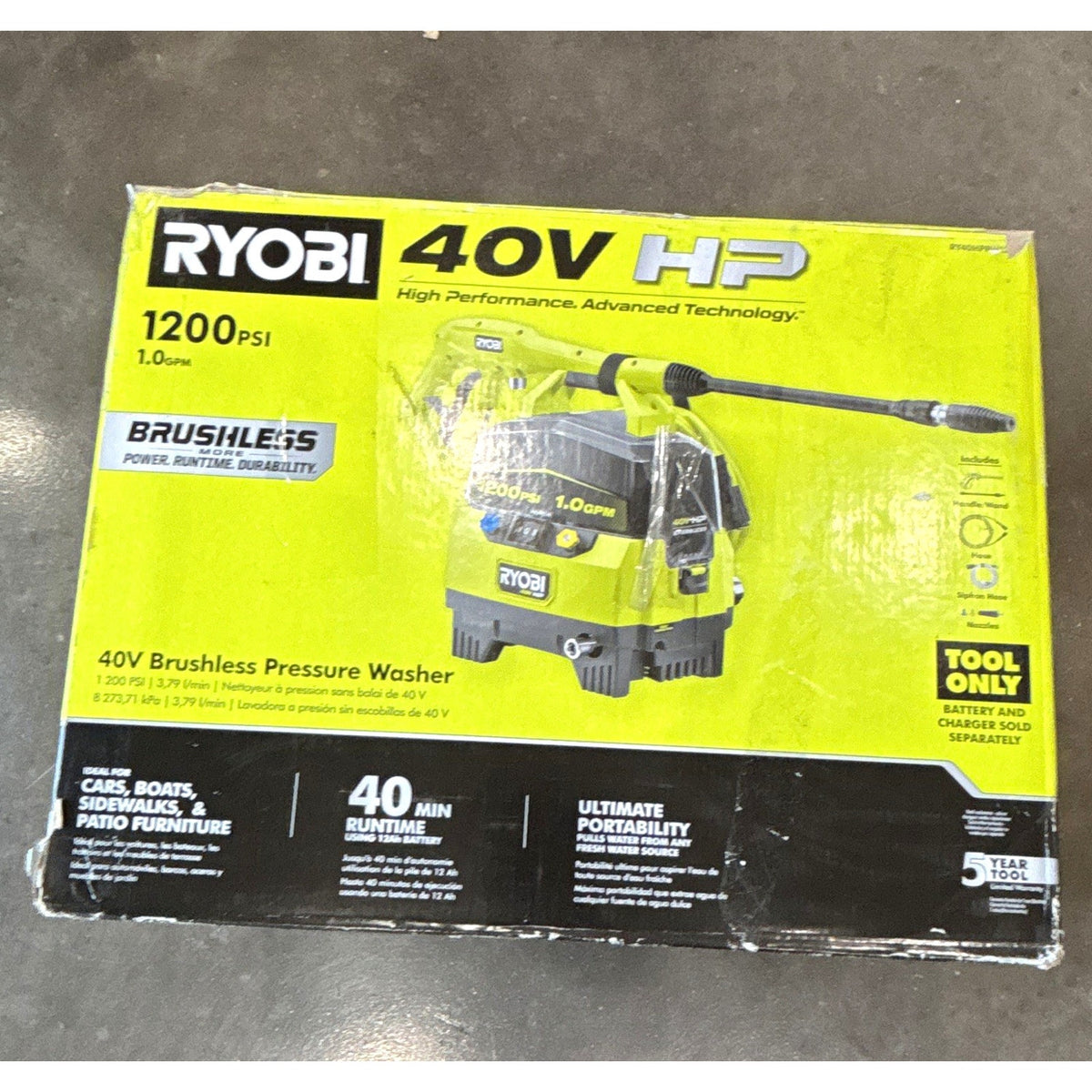 RYOBI 40V HP Brushless 1200 PSI 1.0 GPM Pressure Washer Tool Only RY40HPPW12