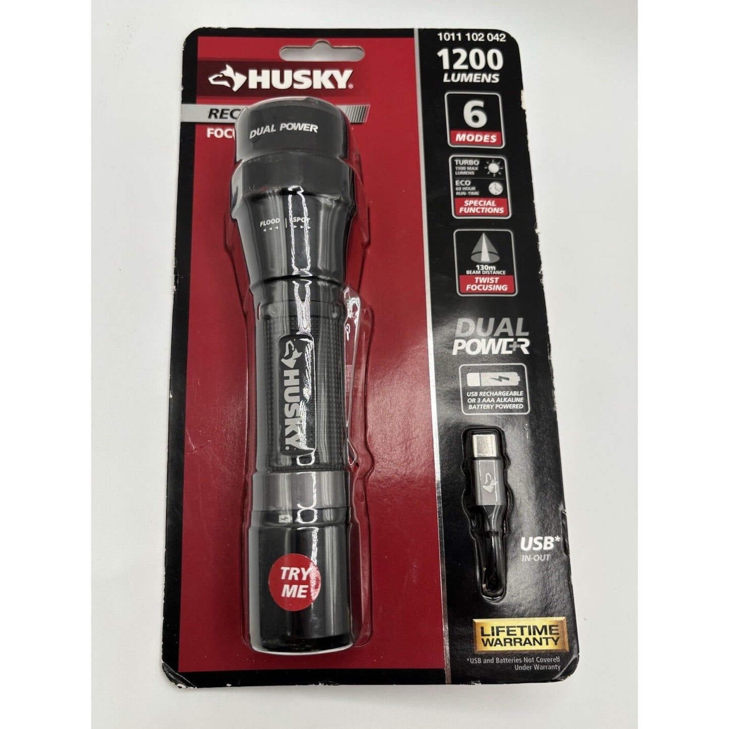 Husky 1200 Lumens Dual Power LED Rechargeable Focusing Flashlight