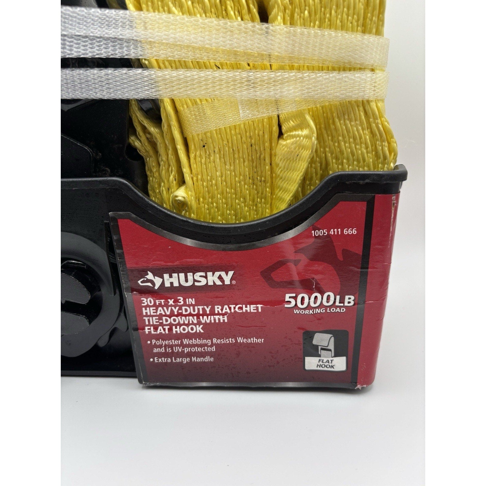 Husky 30 ft. x 3 in. Premium Heavy-Duty Ratchet Tie-Down Strap with Flat Hook