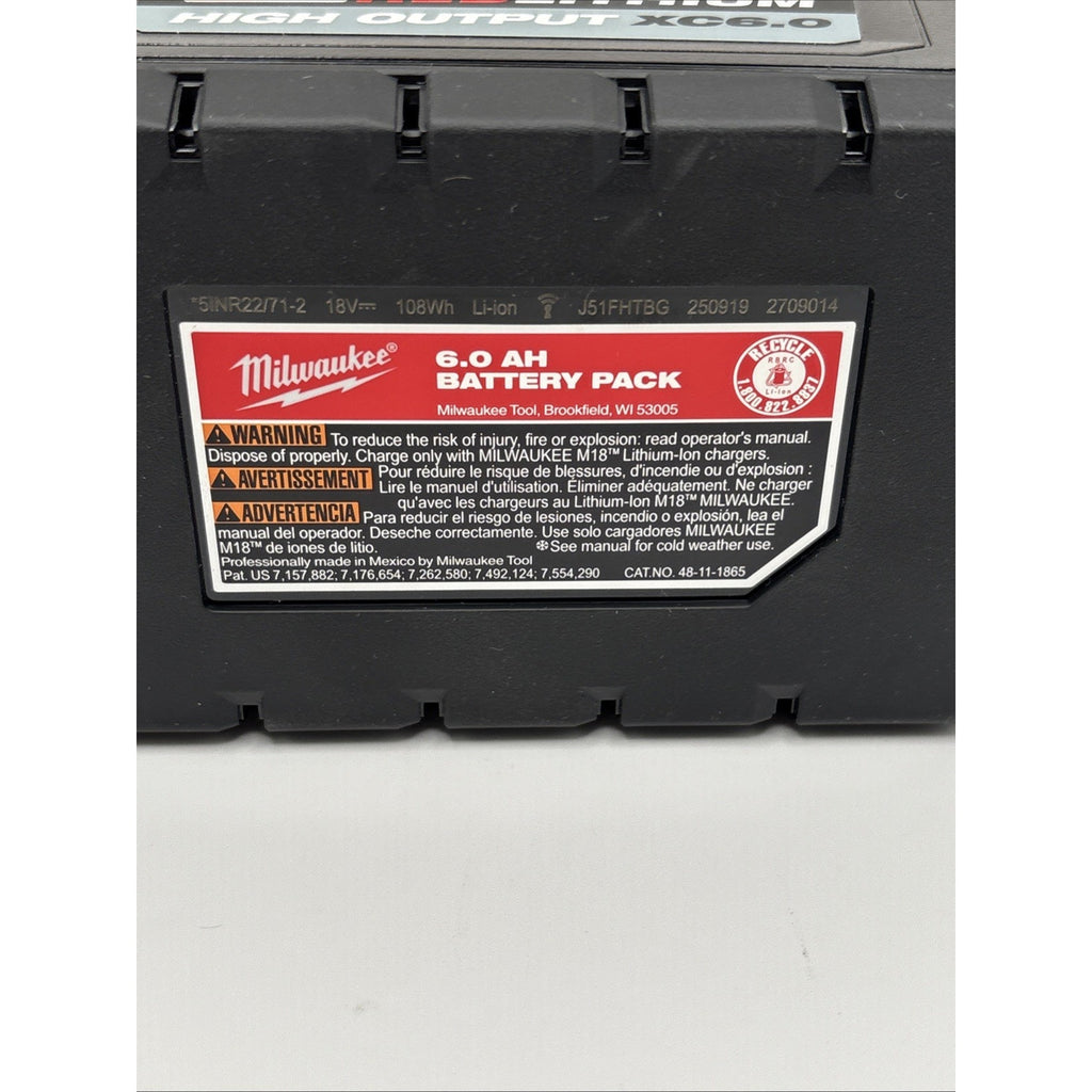 Milwaukee 48-11-1865 M18 18V XC 6.0Ah High Output Battery REDLITHIUM NEW