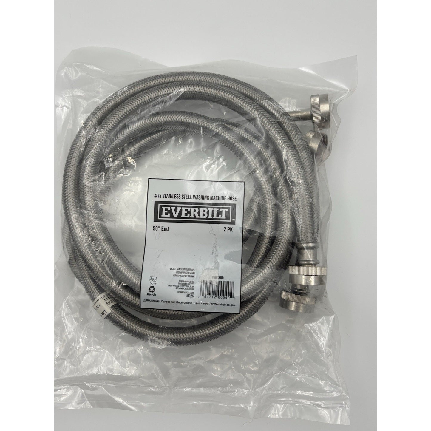 Everbilt 4 ft. Stainless Steel Washing Machine Connector Hoses (2-Pack)- 90* End
